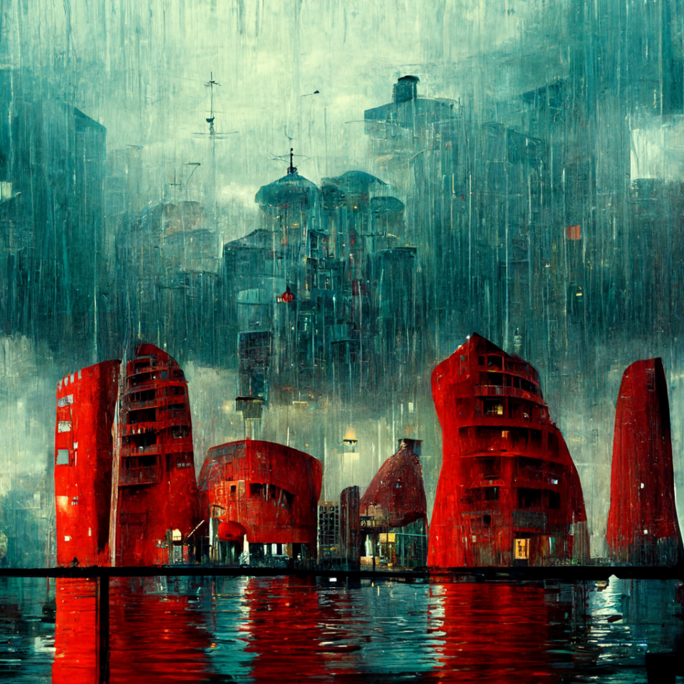 enzyme82 dystopian city rain turqoise red buildings reflection 0f5fb282 3027 4292 8661 751baea23193 1